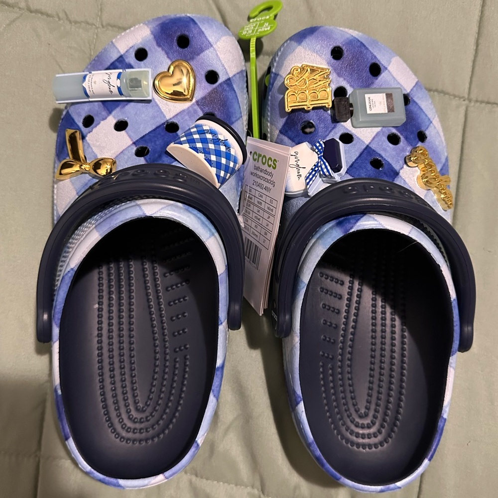 CROCS Blue Plaid Clogs with Gold Charms - Picture 2 of 3